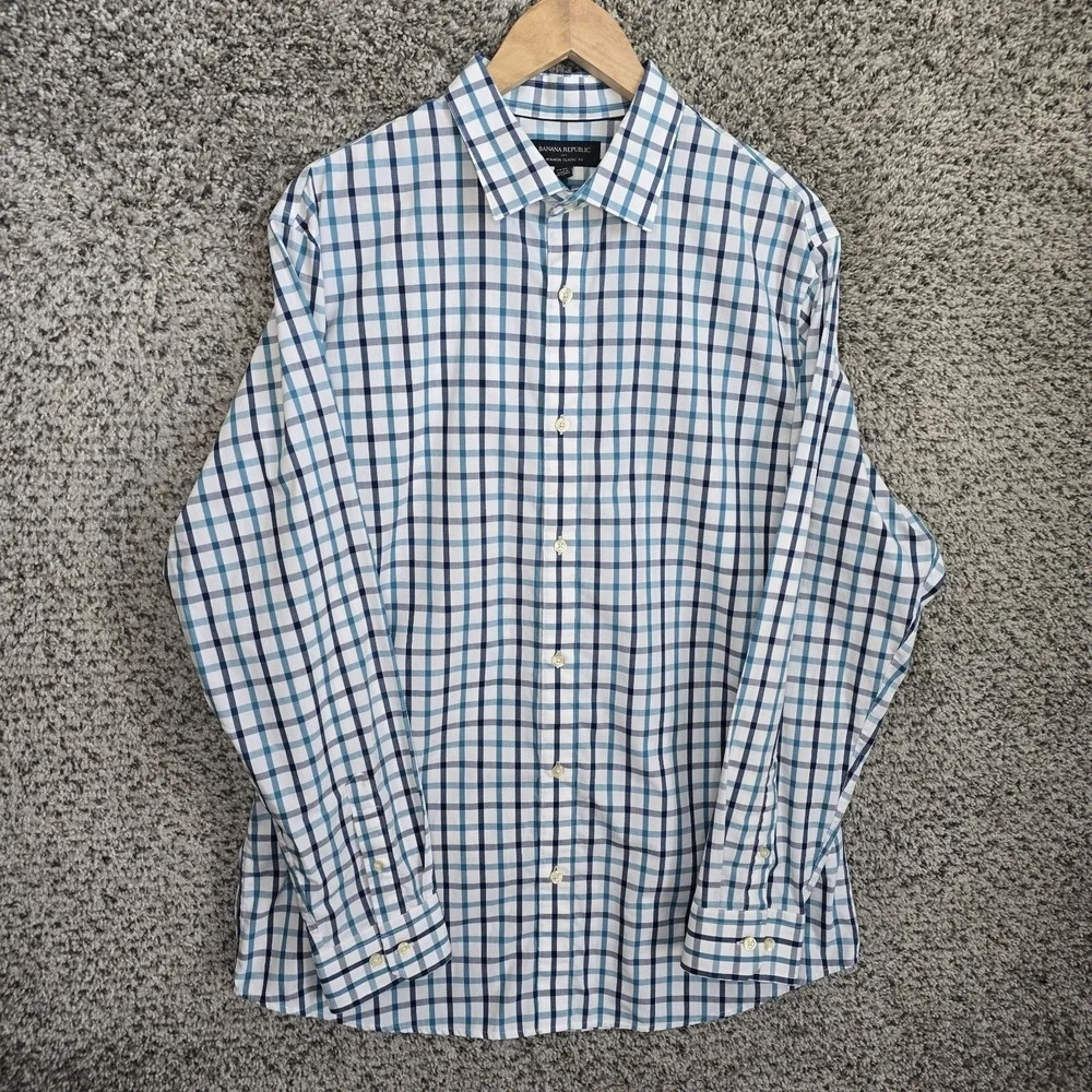 Banana Republic Dress Shirt Mens Large 16-16.5 34/35 Blue Plaid Button Up Casual